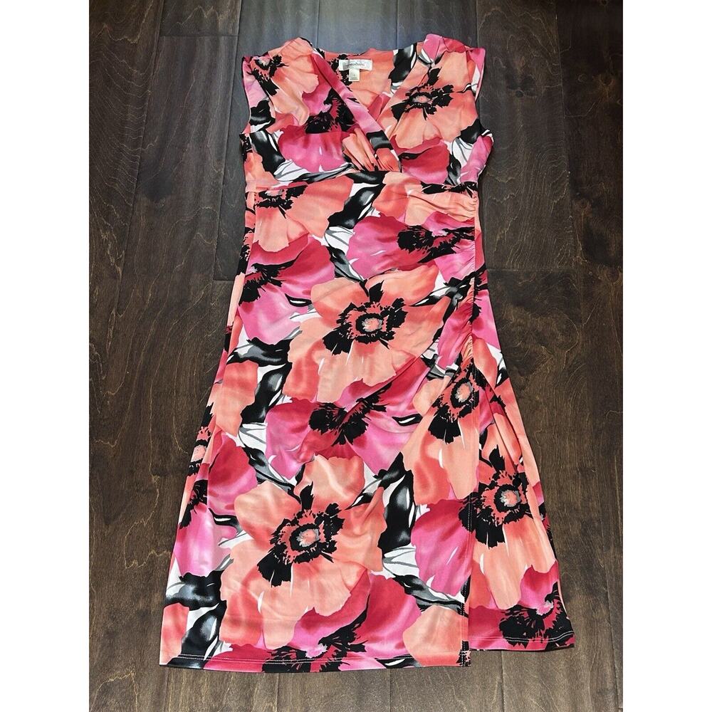 Women's "Dressbarn" Pink Floral Sleeveless Faux Wrap,‎ Ruched Dress; Size 4